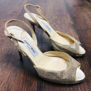 Jimmy Choo Clue Champagne Gold Glitter Platform 39 Shiny Strap Peep Toe